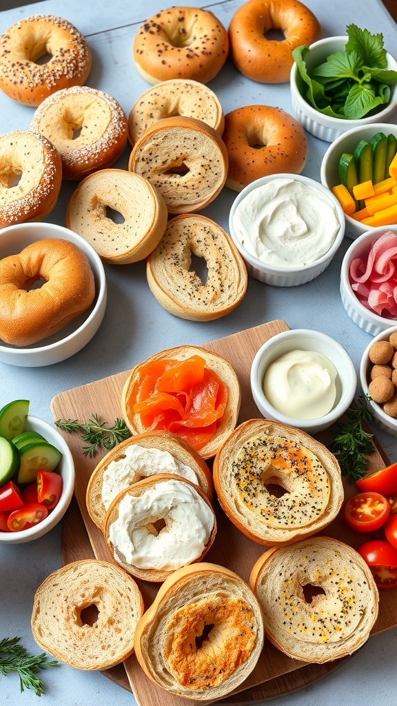 A colorful bagel brunch bar with assorted bagels, cream cheeses, and fresh toppings on a wooden board.